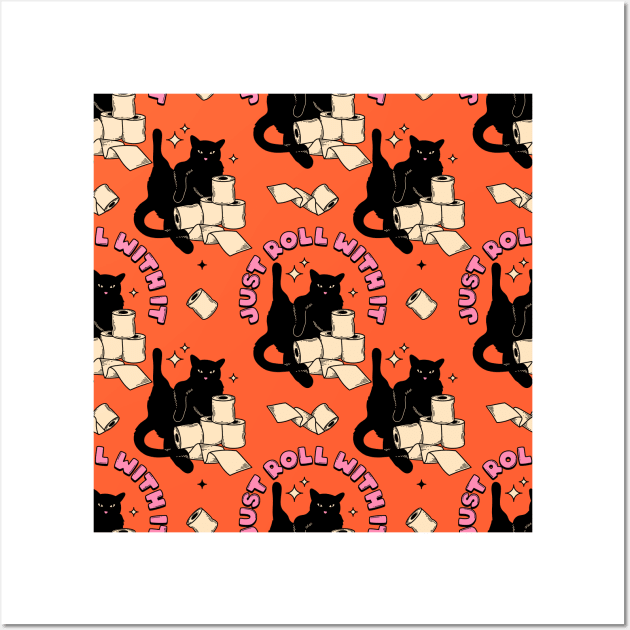 Roll with it Black Cat Pattern in orange Wall Art by The Charcoal Cat Co.